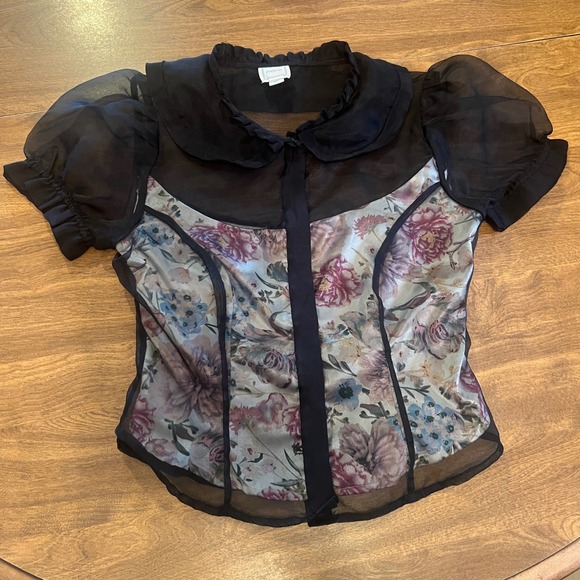 Maeve Tops - Maeve Anthropologie Corset Top Black Sheer Floral Puff Sleeve Blouse XXS